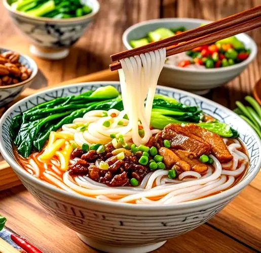 Guilin Rice Noodles — round, smooth rice noodles in a pool of master stock, topped with fried soybeans and pickled beans