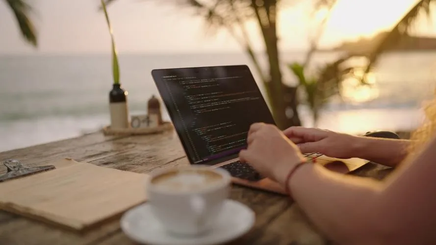 Working on laptop in cafe with internet connection